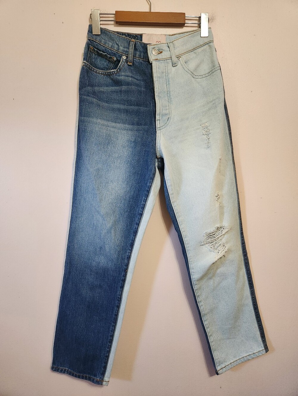 Revice Denim Yin Yang Two Tone Split Wash High Rise Cropped Straight Jeans 26